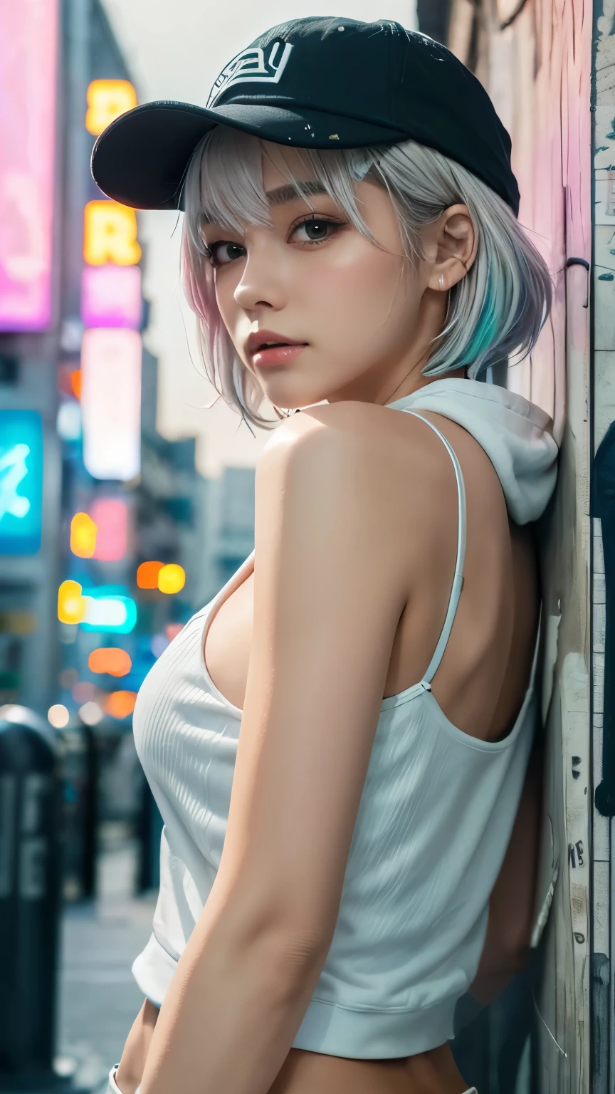 masterpiece, Highest quality, Very detailed, 8k, Realistic, One Girl, alone, Tomboy, Very detailed face, (head shot:1.5), Standing in front of a wall covered in hip hop graffiti, Cyberpunk neon cityscape,Pixie cut white hair, She is wearing a short neon tank top and an open hoodie....,I can see your chest,Nice ass,Wear a New Era cap