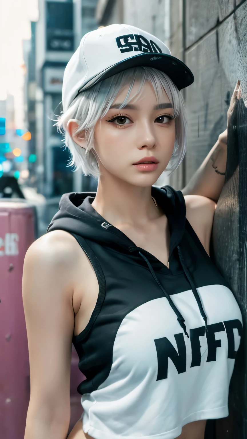 masterpiece, Highest quality, Very detailed, 8k, Realistic, One Girl, alone, Tomboy, Very detailed face, (head shot:1.5), Standing in front of a wall covered in hip hop graffiti, Cyberpunk neon cityscape,Pixie cut white hair, She is wearing a short neon tank top and an open hoodie....,I can see your chest,Nice ass,Wear a New Era cap