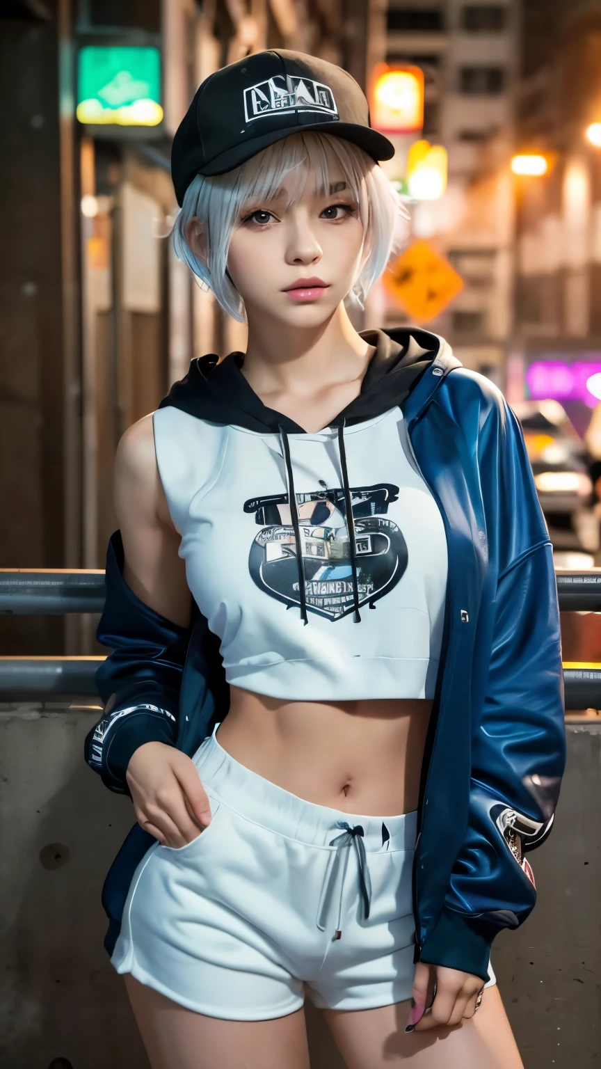 masterpiece, Highest quality, Very detailed, 8k, Realistic, One Girl, alone, Tomboy, Very detailed face, (head shot:1.5), Standing in front of a wall covered in hip hop graffiti, Cyberpunk neon cityscape,Pixie cut white hair, She is wearing a short neon tank top and an open hoodie....,I can see your chest,Nice ass,Wear a New Era cap