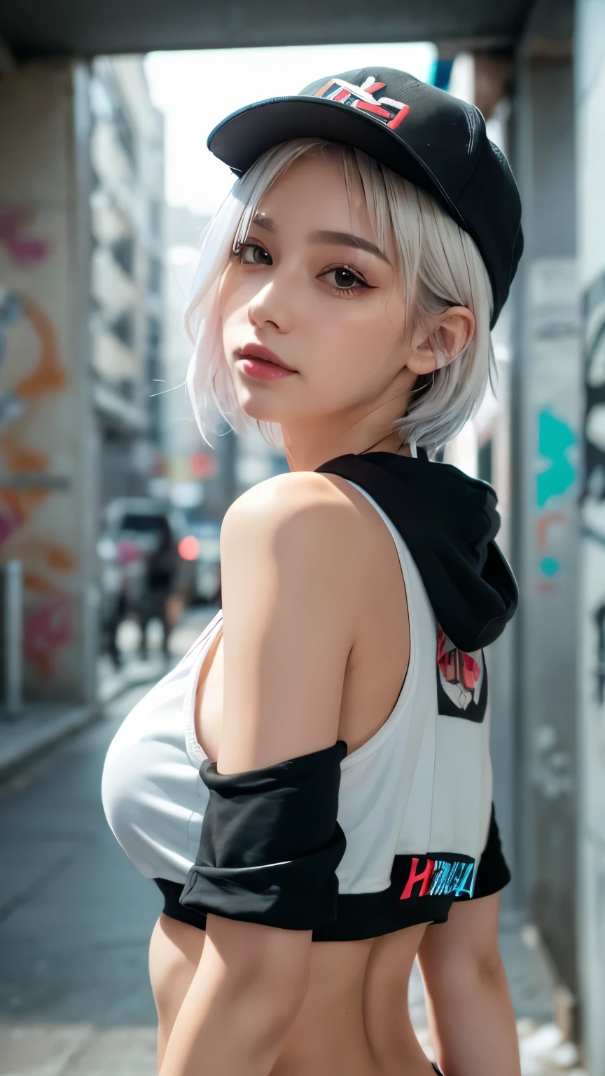 masterpiece, Highest quality, Very detailed, 8k, Realistic, One Girl, alone, Tomboy, Very detailed face, (head shot:1.5), Standing in front of a wall covered in hip hop graffiti, Cyberpunk neon cityscape,Pixie cut white hair, She is wearing a short neon tank top and an open hoodie....,I can see your chest,Nice ass,Wear a New Era cap