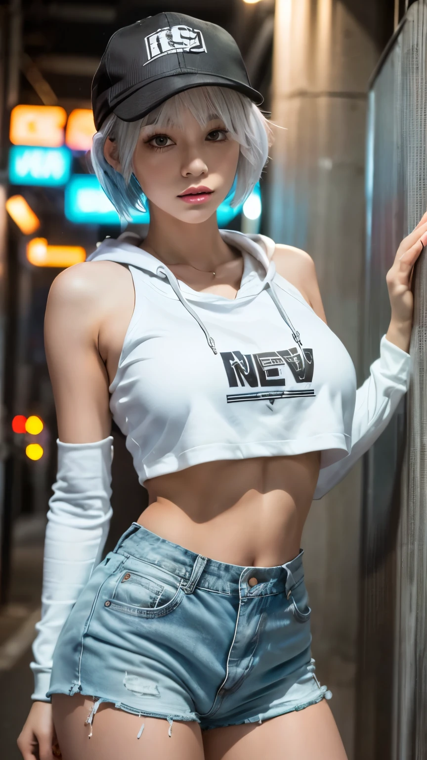 masterpiece, Highest quality, Very detailed, 8k, Realistic, One Girl, alone, Tomboy, Very detailed face, (head shot:1.5), Standing in front of a wall covered in hip hop graffiti, Cyberpunk neon cityscape,Pixie cut white hair, She is wearing a short neon tank top and an open hoodie....,I can see your chest,Nice ass,Wear a New Era cap