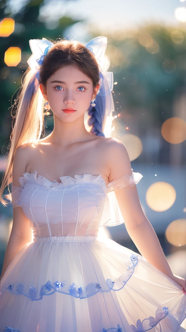 Georgeous, Beautiful, Cute, Baby Face, 18 Years Old, White Skin, Cleavage, ((Medium Breast:1.3)), Sleeveless, Off Shoulder, Strapless, ((Transparent:1.3)), ((White Long ****ta Dress)), (Embroidery), Posing With Big Fluffy Cat, ((Bright Blue Eye)), ((Muscles:1.3)), ((Bokeh:1.3)), Animal Farmer Background, Masterpiece, Twintails