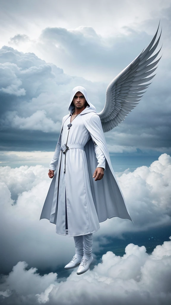 A male angel, handsome face shape, wear full white long cloak, covering his head, flying above the cloud. He has very big wings. Storm and rainy background.