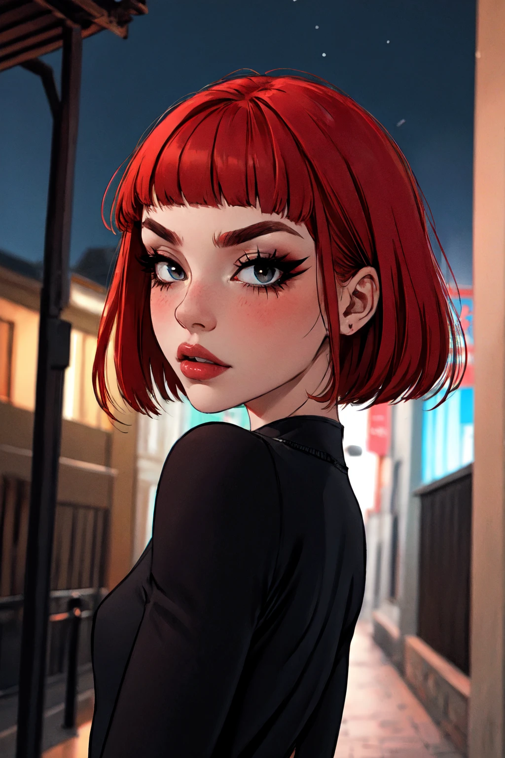 1woman, 35 years old, solo, skinny, red hair, black eyes, eyeliner, looking at viewer, lips, red bob cut, blunt bangs, blush, standing, upper body, face focus, outdoors, tec \(theme\), night, large breats, backwards, looking back