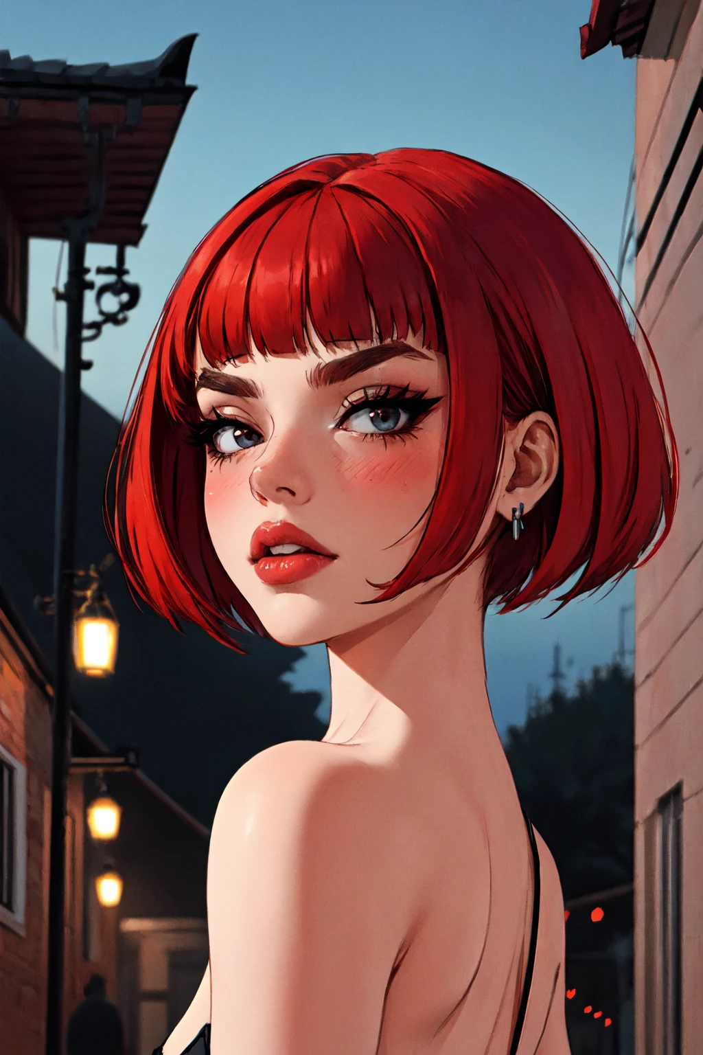 1woman, 35 years old, solo, skinny, red hair, black eyes, eyeliner, looking at viewer, lips, red bob cut, blunt bangs, blush, standing, upper body, face focus, outdoors, tec \(theme\), night, large breats, backwards, looking back