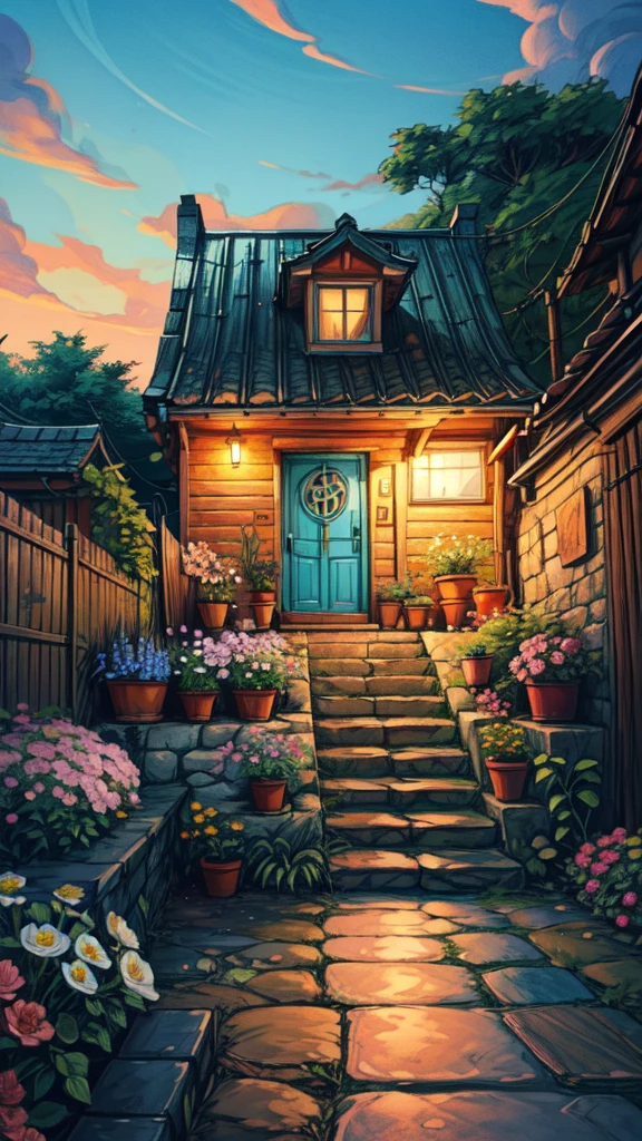 wide view,blue wooden house, beach, covered with flowers, beautiful, flowers in pots, stairs, decorations, flowers and trees in foreground, vibrant tones, evening time, thick lines, cozy tones, beautiful sky, big yellow door, ghibli style, outdoors, cozy atmosphere, micro landscape, intrinsic details. a girl standing on front of door.