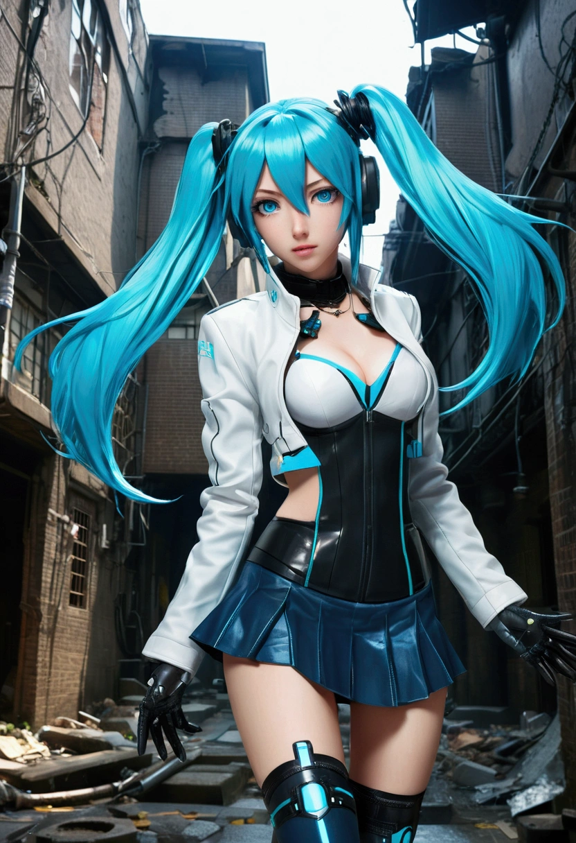 Bunny ultimate of the first desendant game (The best quality,A high resolution,Ultra - detailed,actual), Miku Hatsune, ,(Ruined alley Tokyo cyberpunk dungeon ruins background :1.4 ), big breasts, dynamic pose , (dark green hair twin tails) ,(miniskirt white corta:1.4), very long hair) , Put your arms behind your back, blue eyes, bright Eyes, relaxed face, eyebrow hair, shiny hair,,(Ruined dungeon ruins background:1.4 ), shiny skin, a slight smile, Racing Miku, black body, short jacket, White jacket, long sleeve, two tone gloves, thigh high boots,,(Ruined dungeon ruins background nublado lluvia :1.4 ),(masterpiece: 1.4), (8k, realist, raw photo, The best quality: 1.4),(Miku Hatsune:1.4), (Miku-hatsune V2.1), (Face details: 1.5, (beautiful blue eyes :1.4) , beautiful face, pretty eyes, Iris lining, thin lips: 1.5, delgado, pale and sharp eyebrows, long, dark eyelashes, double eyelashes),perfect hands: 1.5, (Kinematic V2.1),( dynamic pose), (Perfect anatomy) 