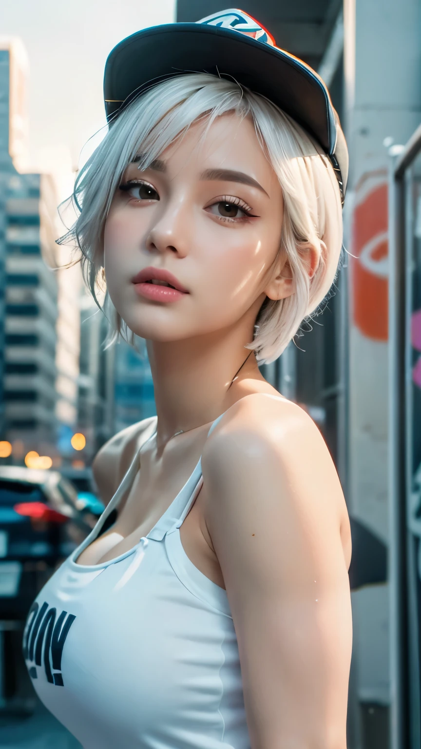 masterpiece, Highest quality, Very detailed, 8k, Realistic, One Girl, alone, Tomboy, Very detailed face, (head shot:1.5), Standing in front of a wall covered in hip hop graffiti, Cyberpunk neon cityscape,Pixie cut white hair, She is wearing a short neon tank top and an open hoodie....,I can see your chest,Nice ass,Wear a New Era cap