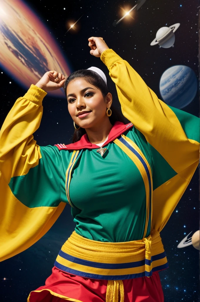 realistic, large, medium-short shot, sailor, in outer space, dancing cumbia, wearing Ecuadorian montubio clothes.