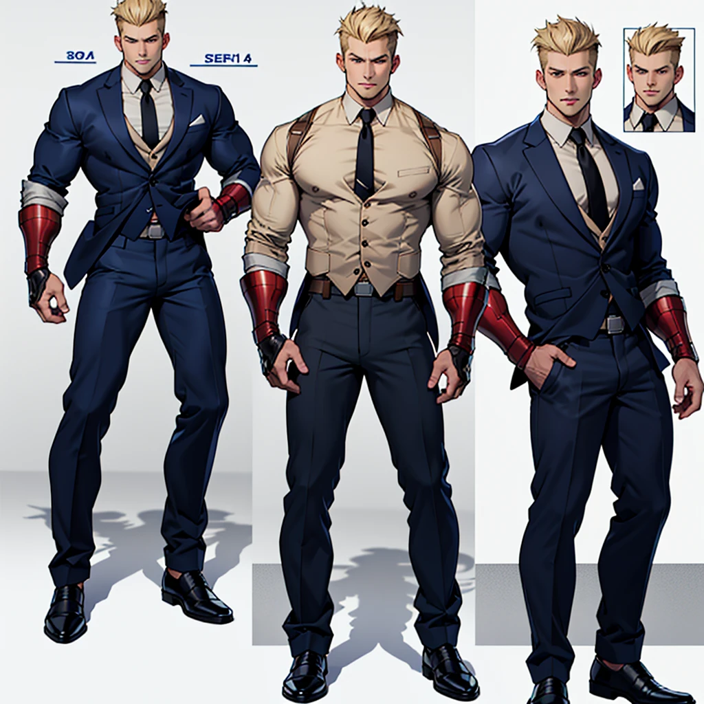 A model sheet of a muscular adult Captain America, Short blonde hair in a pompadour style in a very light tone, shaved neck. He wears a beige suit-style outfit in a light tone., navy blue blouse and black tie. Wearing navy blue pants and black shoes. Using detailed gauntlets. In action and movement poses, various face angles, Facial expressions. 8 k quality.