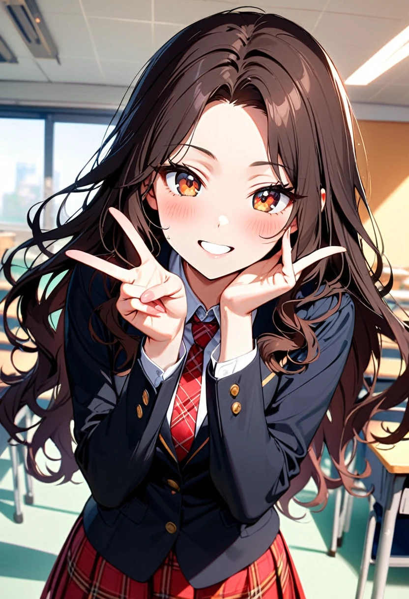(masterpiece, best quality:1.3), A young woman, 19-years-old, average height, slender figure, solo, Korean, (long black wavy hair that's parted in the middle, no bangs:1.2), brown eyes, (black blazer, white shirt, red plaid necktie, red pleated skirt, black pantyhose:1.1), playful smile, cheerful, bright smile, mature face, classroom, holding up a v-sign, upper body, looking at viewer