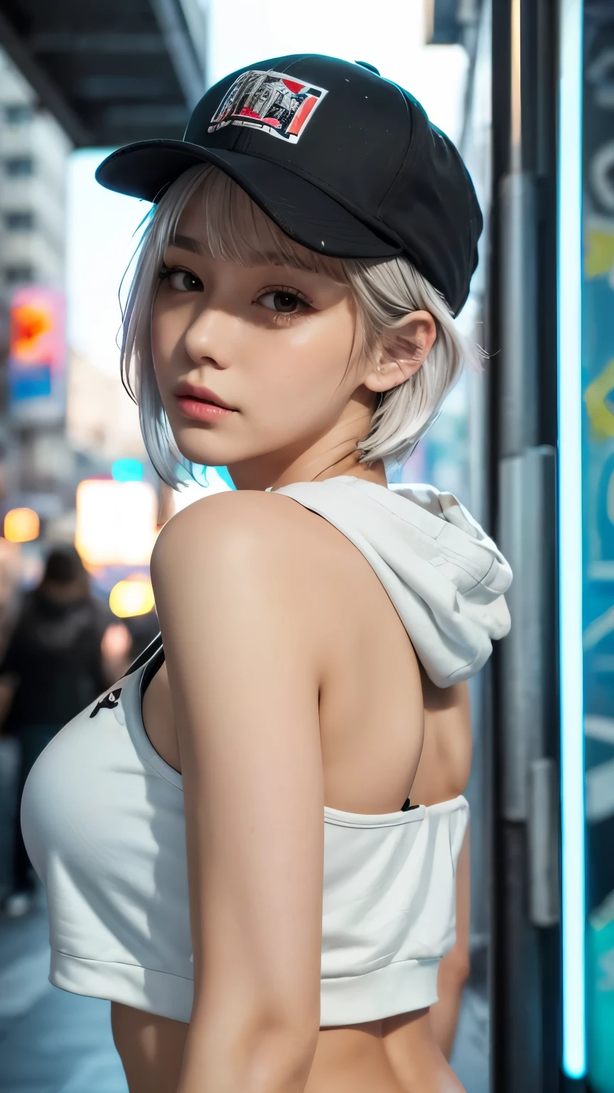 masterpiece, Highest quality, Very detailed, 8k, Realistic, One Girl, alone, Tomboy, Very detailed face, (head shot:1.5), Standing in front of a wall covered in hip hop graffiti, Cyberpunk neon cityscape,Pixie cut white hair, She is wearing a short neon tank top and an open hoodie....,I can see your chest,Nice ass,Wear a New Era cap