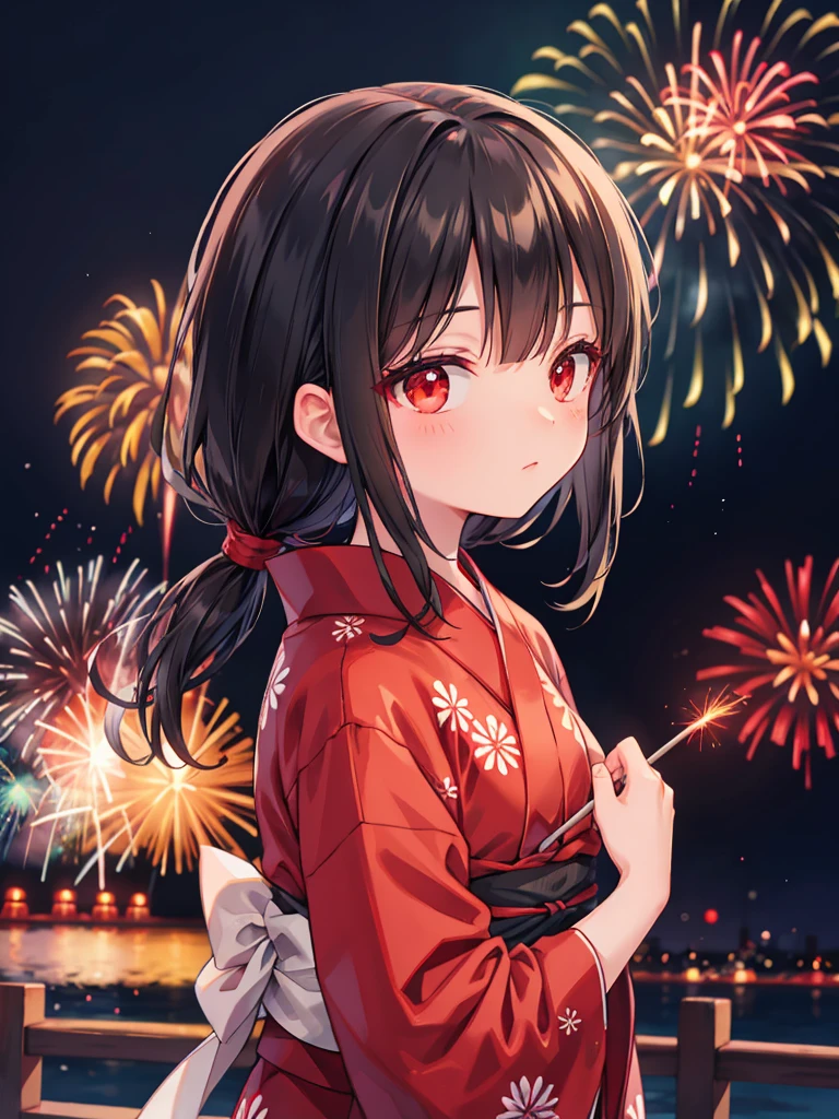 Black Hair,Red Eyes,long,yukata,firework