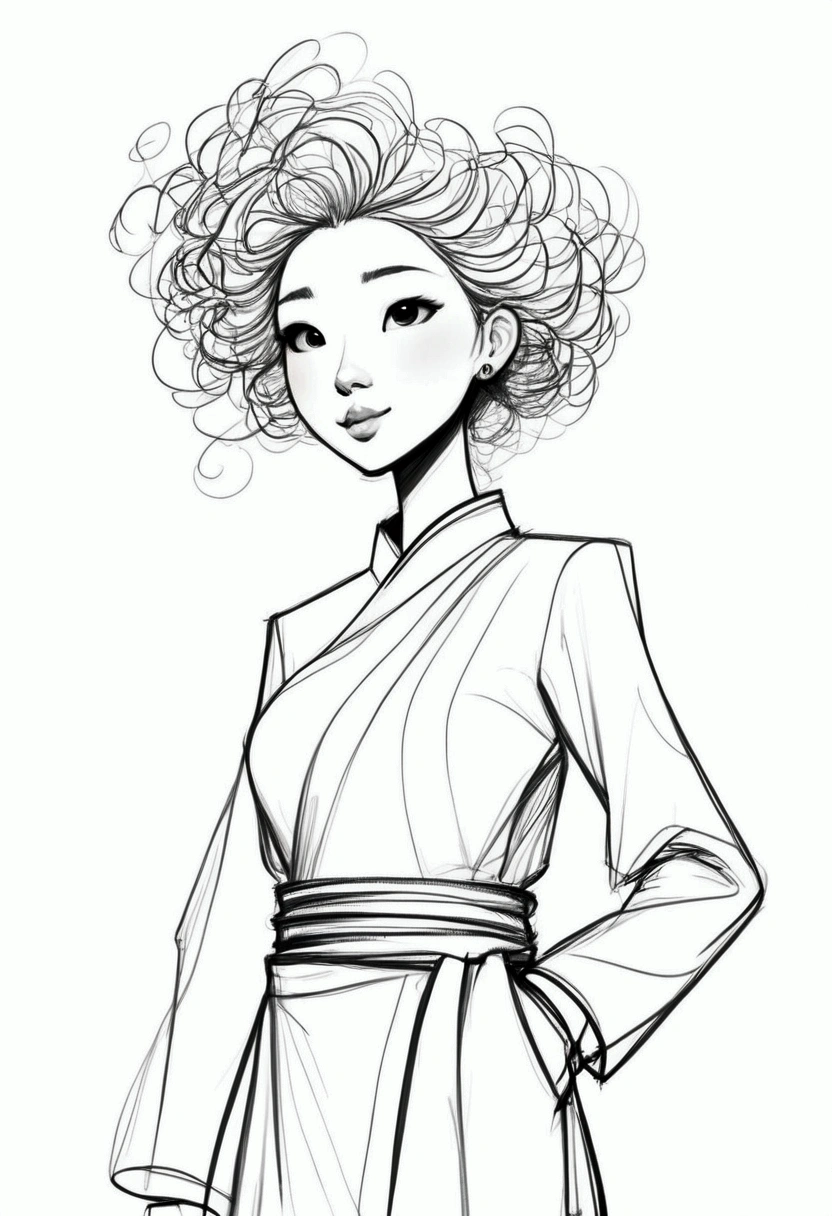 (((Exaggerated digital character sketches:1.37，Matchstick Men))).(1 Girl，cheongsam，Solitary，Fluffy curly hair，(Exaggerated expression,)，(Black sketch lines，Loose brushstrokes create the outline，Cartoon Style. Bright colors and simplified lines, sketch)。(Exaggerated body movements),(Large area of blank）