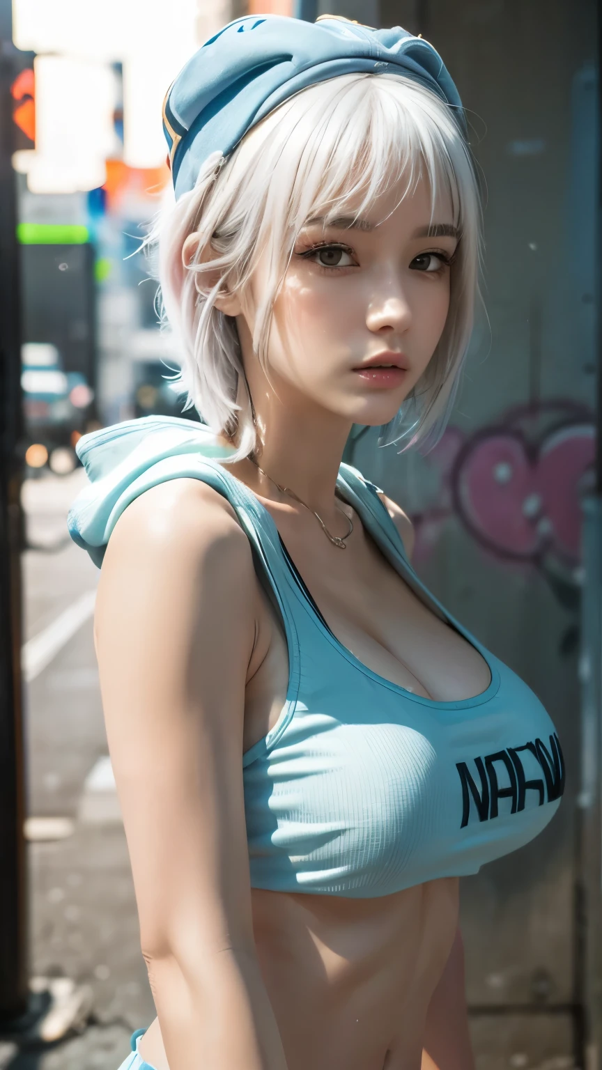 masterpiece, Highest quality, Very detailed, 8k, Realistic, One Girl, alone, Tomboy, Very detailed face, (head shot:1.5), Standing in front of a wall covered in hip hop graffiti, Cyberpunk neon cityscape,Pixie cut white hair, She is wearing a short neon tank top and an open hoodie....,I can see your chest,Nice ass,Wear a New Era cap