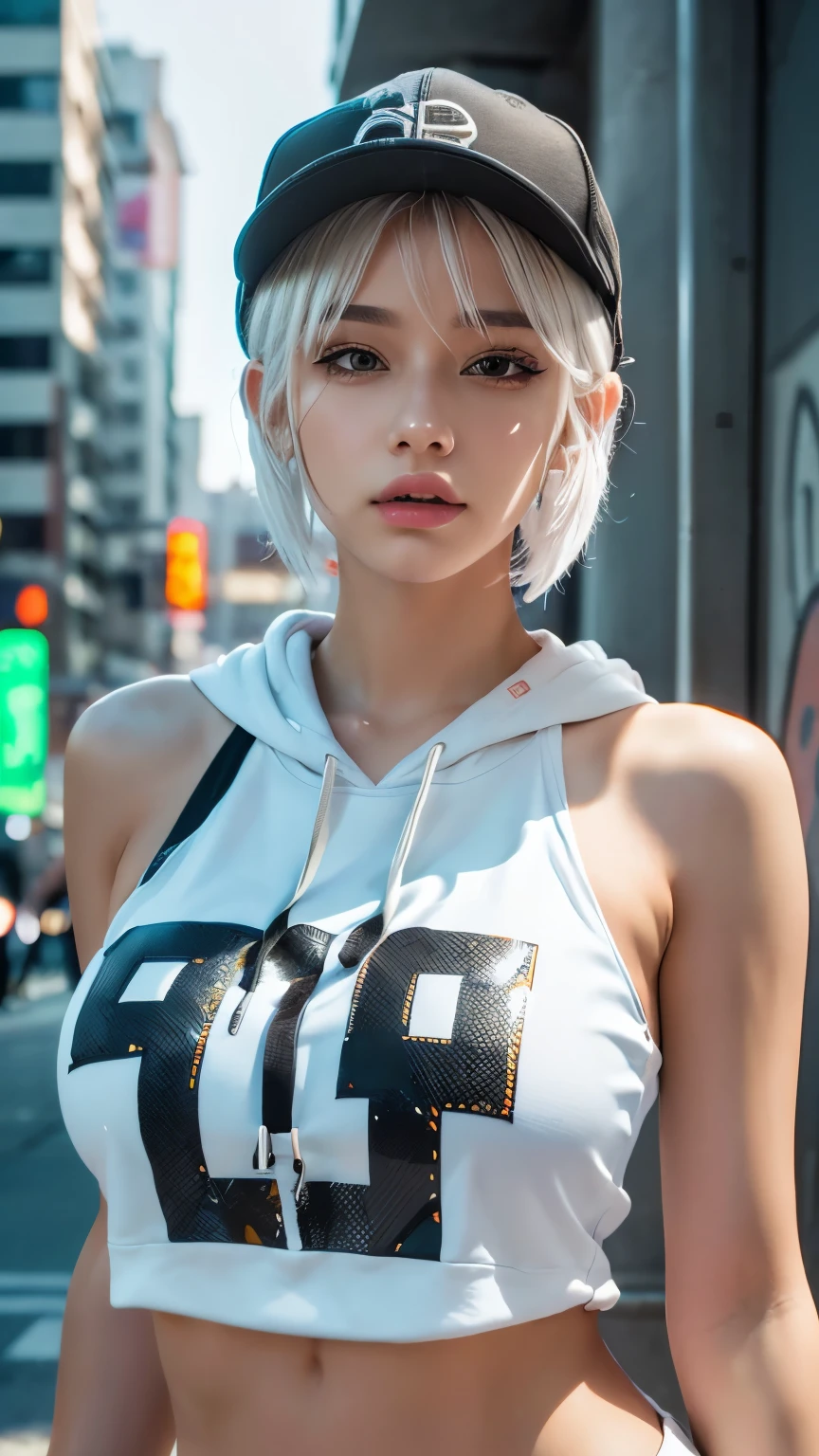 masterpiece, Highest quality, Very detailed, 8k, Realistic, One Girl, alone, Tomboy, Very detailed face, (head shot:1.5), Standing in front of a wall covered in hip hop graffiti, Cyberpunk neon cityscape,Pixie cut white hair, She is wearing a short neon tank top and an open hoodie....,I can see your chest,Nice ,Wear a New Era cap