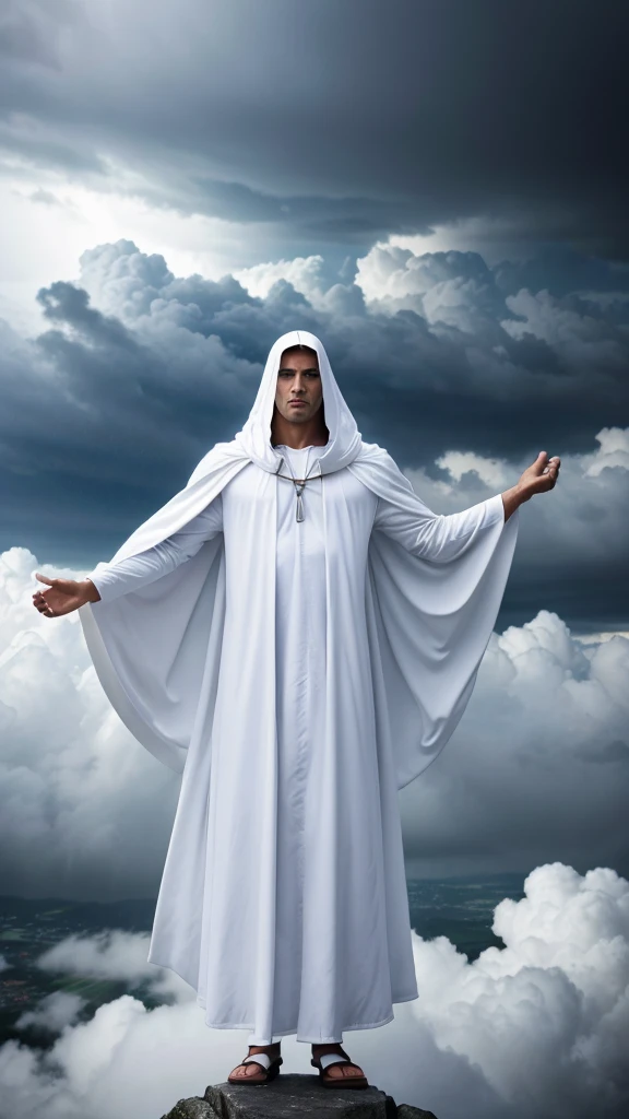 A male angel, handsome face shape, wear full white long cloak, covering his head, flying above the cloud. He has very massive wingspan. Storm and rainy background.