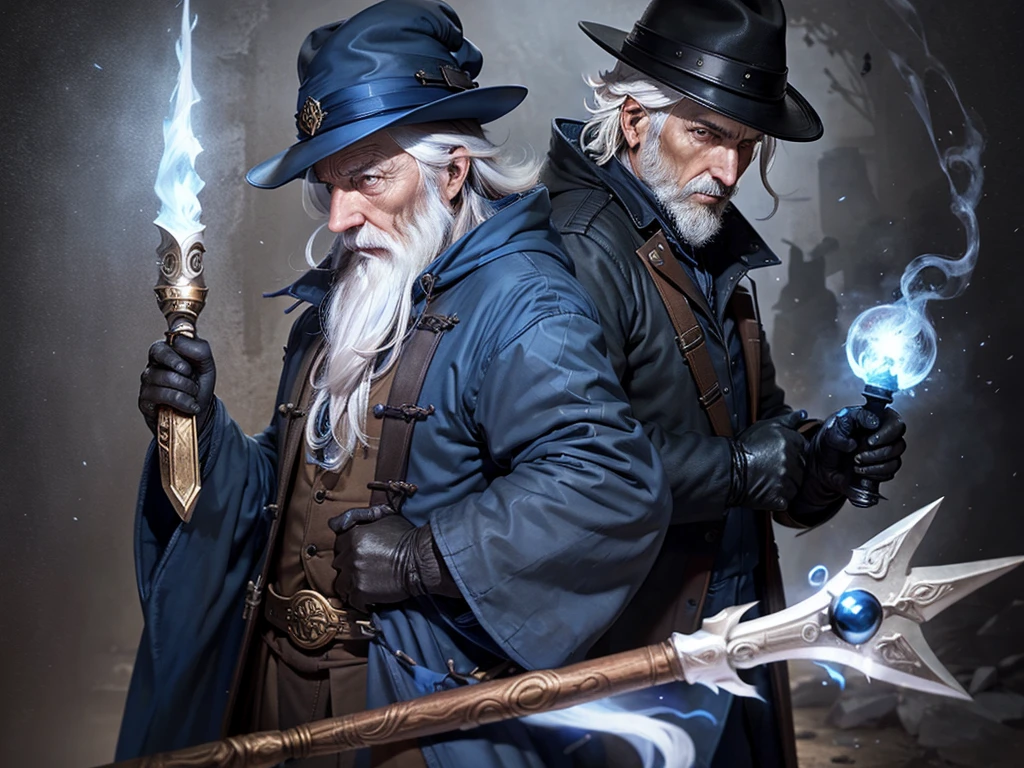 Male wizard, old, blue eyes, white hair, realistic, gray hat, black overcoat, holding a staff, with a blue stone on the tip