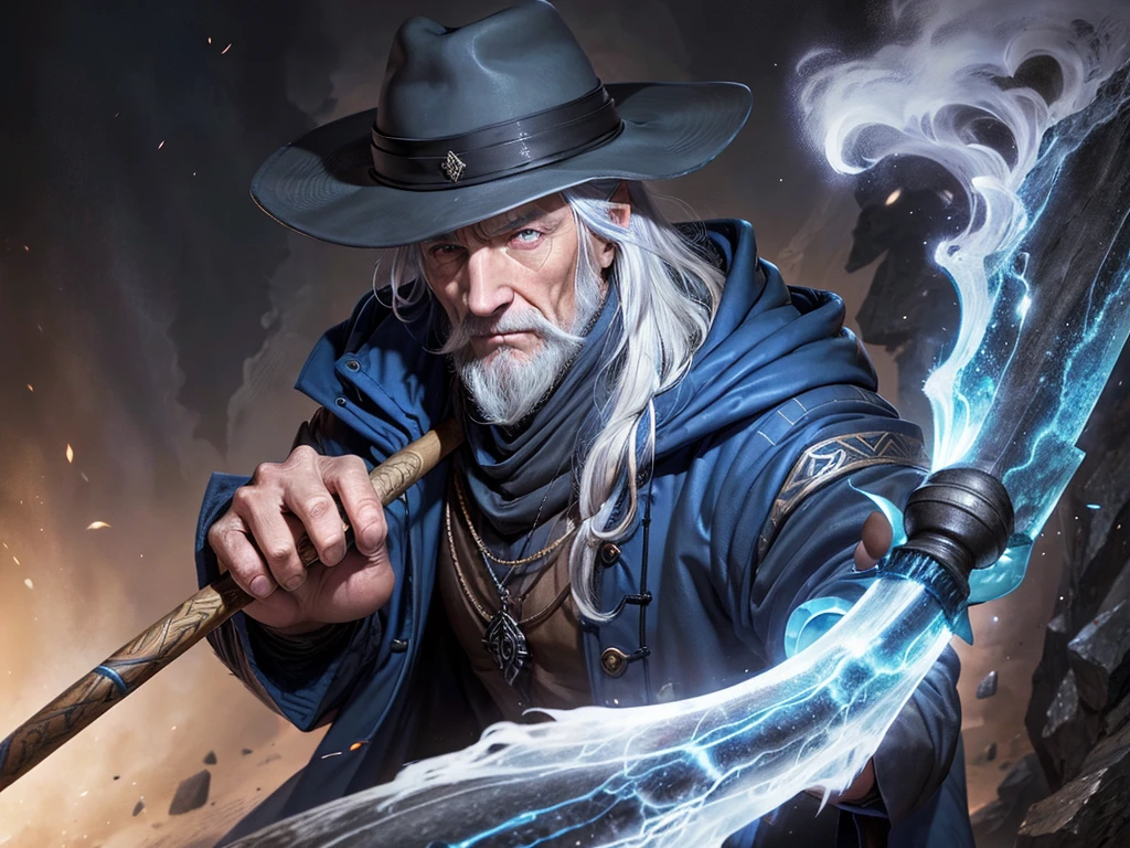 Male wizard, old, blue eyes, white hair, realistic, gray hat, black overcoat, holding a staff, with a blue stone on the tip