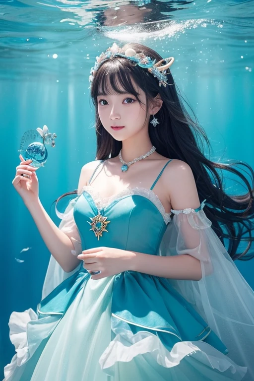Design an original female character inspired by the sea world。She has a charming and adorable look that incorporates sea creatures and natural elements.。Her hair is as beautiful as seaweed and coral、Has transparent skin、His eyes are a deep blue like the deep sea.。The costume is as light as foam.、The design evokes the flow of water。In her hands、Give them a small wand decorated with sea jewels and shells.。Her overall mood is、Like a fairy living in the sea、Give off a calm and elegant impression。