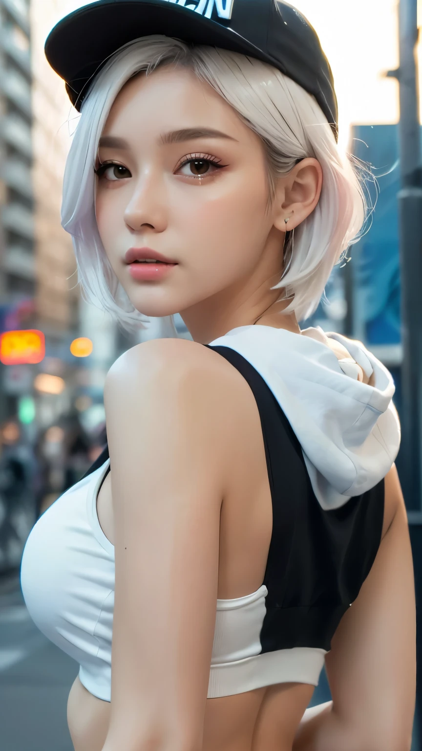 masterpiece, Highest quality, Very detailed, 8k, Realistic, One Girl, alone, Tomboy, Very detailed face, (head shot:1.5), Standing in front of a wall covered in hip hop graffiti, Cyberpunk neon cityscape,Pixie cut white hair, She is wearing a short neon tank top and an open hoodie....,I can see your chest,Nice ass,Wear a New Era cap