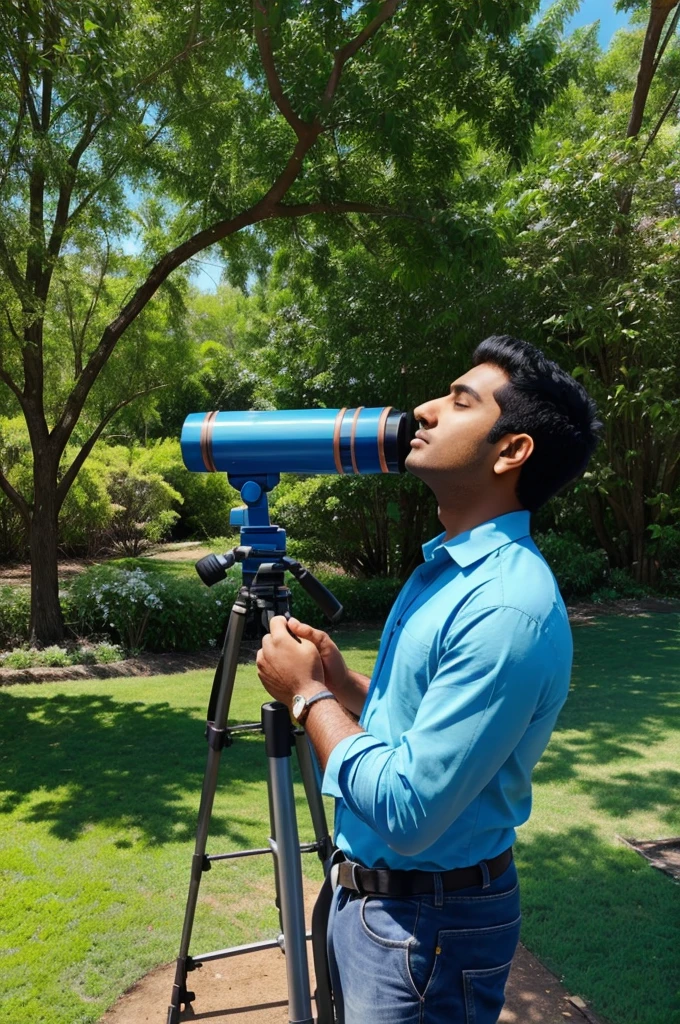 Earth - The video opens with a bright, sunny day in Krish's backyard. There are trees, flowers, and a big blue sky. Krish is looking through a telescope. Must be in screen of pc