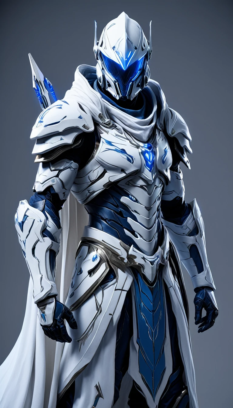Masterpieces, Holy White Knight, Action style shot, (Battle Priest in a warframe and halo style armor with a long bow), (blue and silver color scheme), (white hood and cape), (action shot: drawing bow), (quiver on back), white and blue tabard (solid color background), centered, full body shot fighting, sci-fi knight, Halo master chief, vibrant colors, visible figure joints, cinematic shot, volumetric lighting, intricate pattern detail, highly detailed