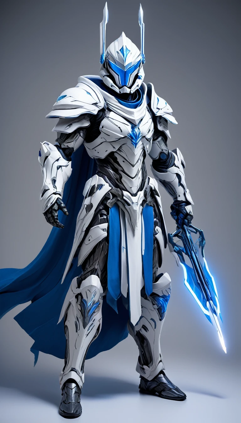 Masterpieces, Holy White Knight, Action style shot, (Battle Priest in a warframe and halo style armor with a long bow), (blue and silver color scheme), (white hood and cape), (action shot: drawing bow), (quiver on back), white and blue tabard (solid color background), centered, full body shot fighting, sci-fi knight, Halo master chief, vibrant colors, visible figure joints, cinematic shot, volumetric lighting, intricate pattern detail, highly detailed