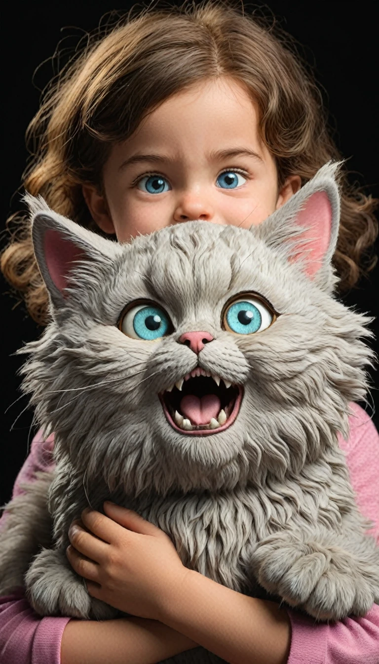 a kid holding a gigantic fluffy cat, extremely detailed, 4k, high quality, hyperrealistic, photorealistic, studio lighting, vibrant colors, dramatic lighting, beautiful detailed eyes, beautiful detailed lips, extreme fine details, intricate details, soft fur, adorable facial expression, cute, playful, whimsical, magical realism