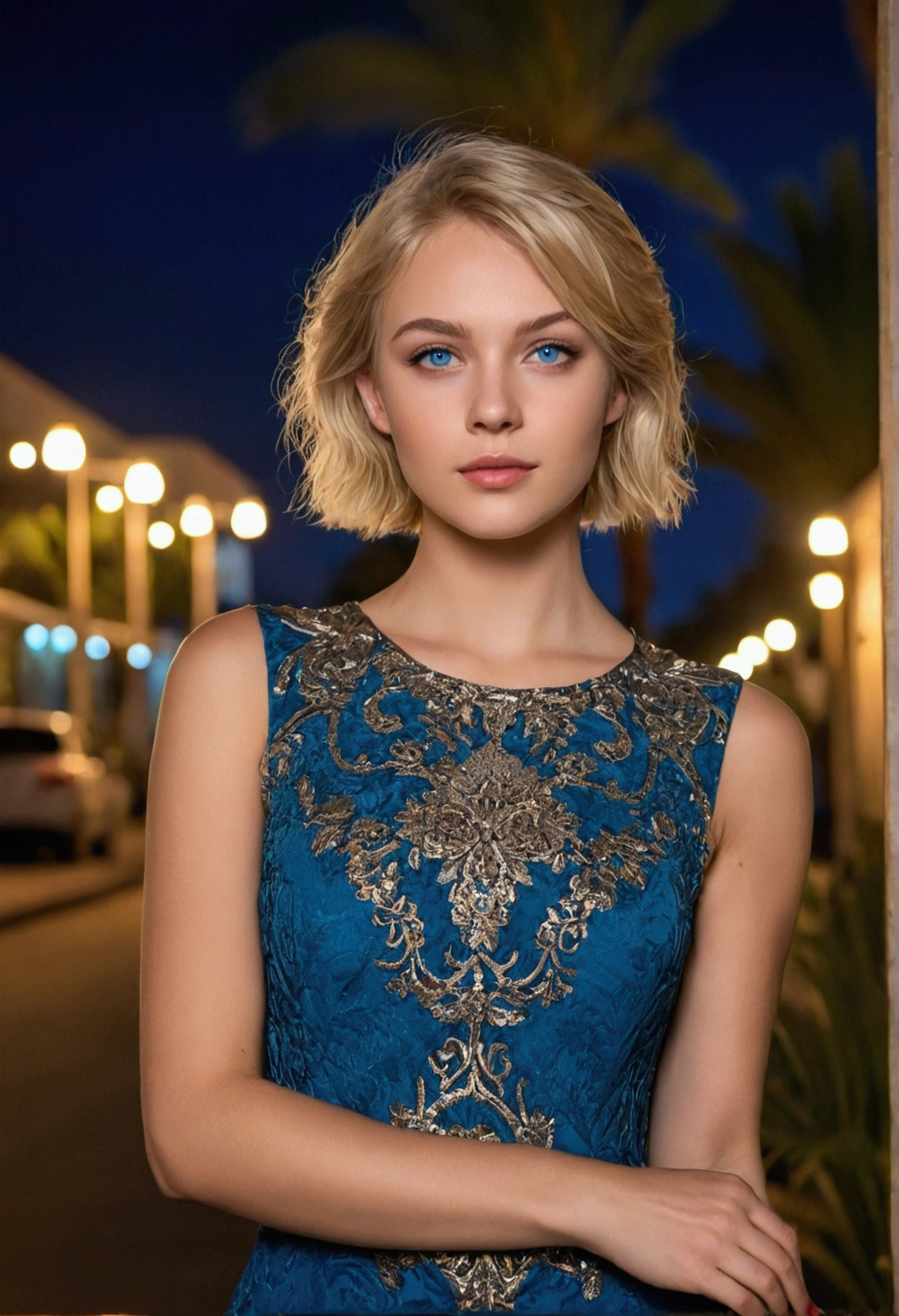 night, photo young women, beautiful women, blond hair, short hair, light eyes, blue eyes, beautiful wears, outdoor, street, palm