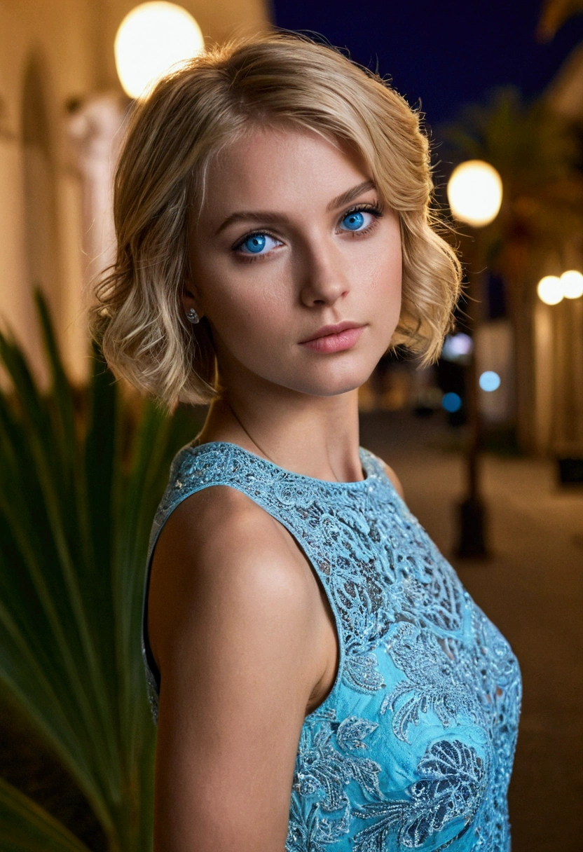 night, photo young women, beautiful women, blond hair, short hair, light eyes, blue eyes, beautiful wears, outdoor, street, palm
