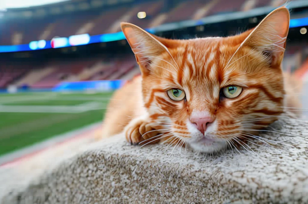 GingerTomCat, sleeping happily in the small football stadium model, football stadium model:1.2, best quality, 8k, masterpiece, realistic, depth of field, long exposure, selective focus, low angle shot