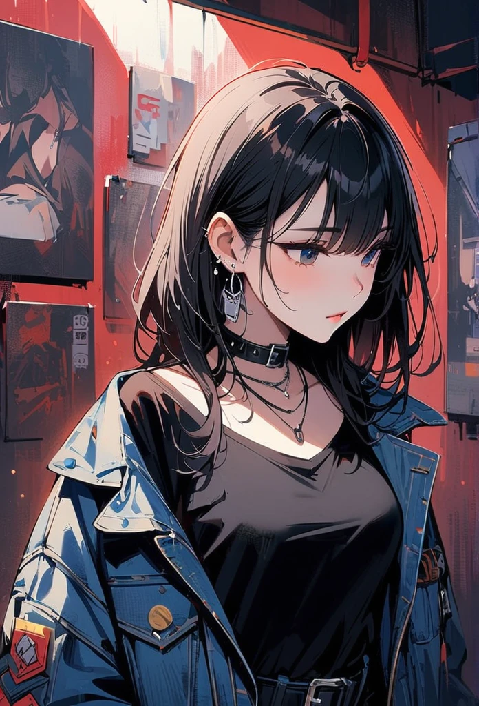 (masterpiece:1.2, best quality), (1 lady, alone, Upper body:1.2), hair: buzz clip, clothing: extra large, Distressed denim jacket with patches and pins, Wear yours with black skinny jeans and military boots, Accessories: Silver earrings and black collar necklace, Hanging out in an underground music venue or street art exhibit