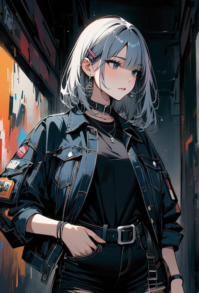 (masterpiece:1.2, best quality), (1 lady, alone, Upper body:1.2), hair: buzz clip, clothing: extra large, Distressed denim jacket with patches and pins, Wear yours with black skinny jeans and military boots, Accessories: Silver earrings and black collar necklace, Hanging out in an underground music venue or street art exhibit
