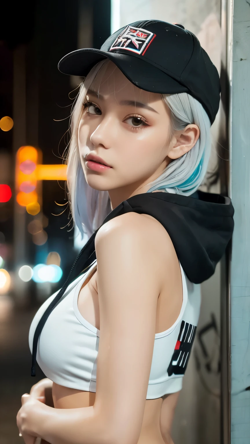 masterpiece, Highest quality, Very detailed, 8k, Realistic, One Girl, alone, Tomboy, Very detailed face, (head shot:1.5), Standing in front of a wall covered in hip hop graffiti, Cyberpunk neon cityscape,Pixie cut white hair, She is wearing a short neon tank top and an open hoodie....,I can see your chest,Nice ass,Wear a New Era cap