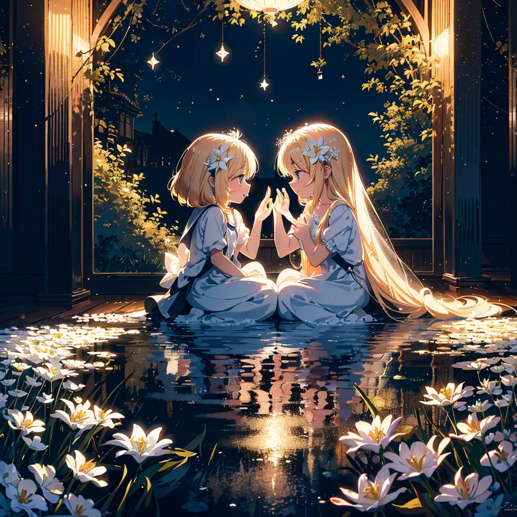(Masterpiece, 8k wallpaper, highest quality), (best lighting, best shadows, very delicate and beautiful), Detailed anime style illustration of two girls with long blonde hair. One in blue, the other in red, dancing happily under an umbrella. 7 year old girl (young age: 1.9), beautiful night sky. The light of the stars and moon falls on the girls, and a large white circle surrounds them, symbolizing their unity in the beauty of nature. The white lilies blooming around it create a calm atmosphere. Two lovers, delicate shading gives depth to their expressions, two people, lily, facing each other, red eyes, blue eyes, blonde hair, mouth open, smiling, in front of a very beautifully designed building.

