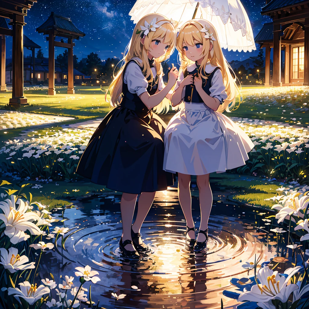 (Masterpiece, 8k wallpaper, highest quality), (best lighting, best shadows, very delicate and beautiful), Detailed anime style illustration of two girls with long blonde hair. One in blue, the other in red, dancing happily under an umbrella. 7 year old girl (young age: 1.9), beautiful night sky. The light of the stars and moon falls on the girls, and a large white circle surrounds them, symbolizing their unity in the beauty of nature. The white lilies blooming around it create a calm atmosphere. Two lovers, delicate shading gives depth to their expressions, two people, lily, facing each other, red eyes, blue eyes, blonde hair, mouth open, smiling, in front of a very beautifully designed building.