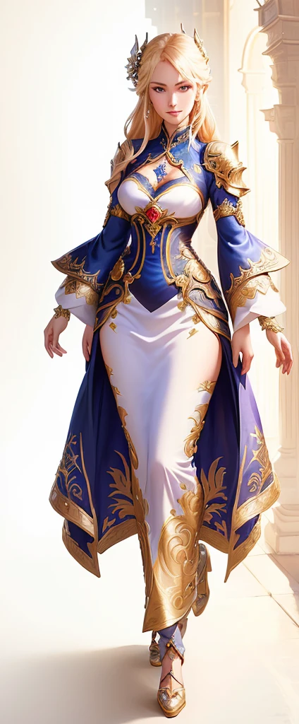 a woman in dress, ornate attire, genshin impact character, full body details, Jean from genshin impact, rpg portrait full body, cushart krenz key art feminine, full body sprite, full portrait of elementalist, taliyah, long dress, blond hair, blue eyes, sexy, attractive body, pretty face,