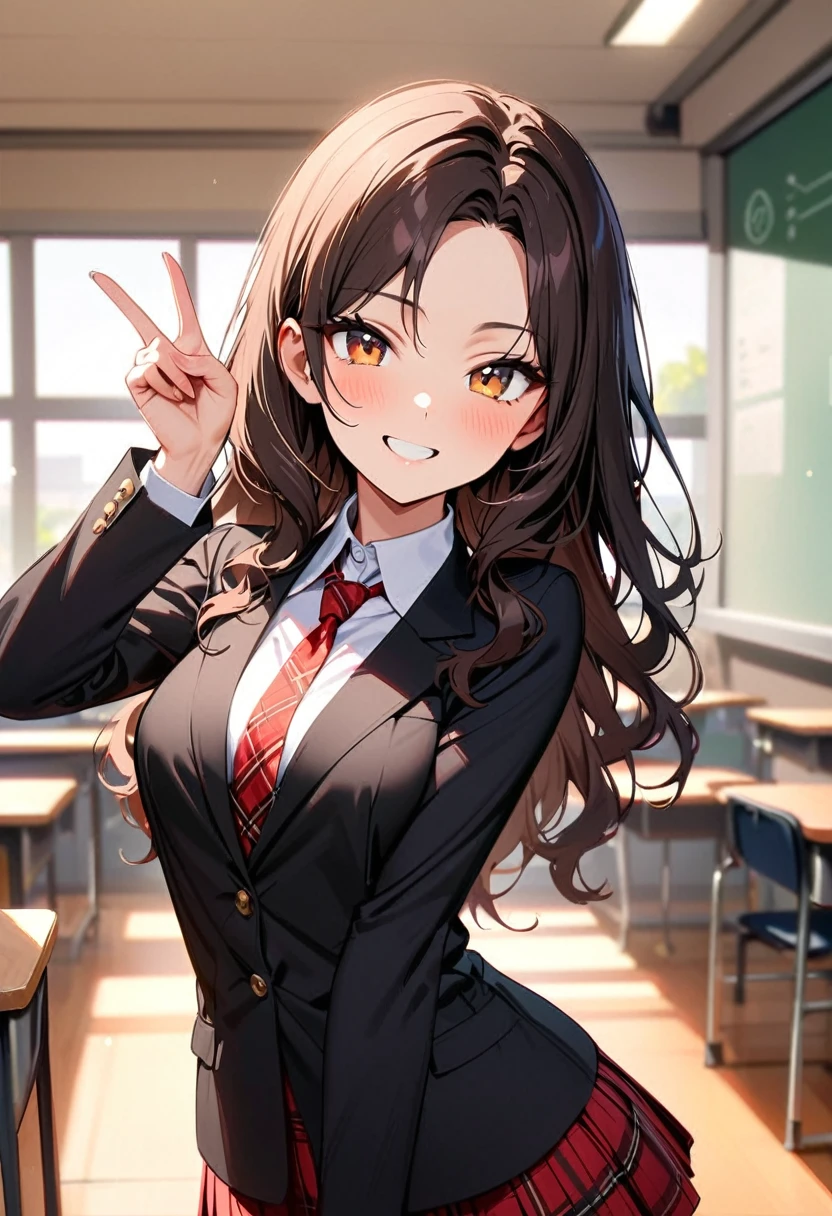 (masterpiece, best quality:1.3), A young woman, 19-years-old, average height, slender figure, solo, Korean, (long black wavy hair that's parted in the middle, no bangs:1.2), brown eyes, (black blazer, white shirt, red plaid necktie, red pleated skirt, black pantyhose:1.1), playful smile, cheerful, bright smile, mature face, classroom, holding up a v-sign, upper body, looking at viewer