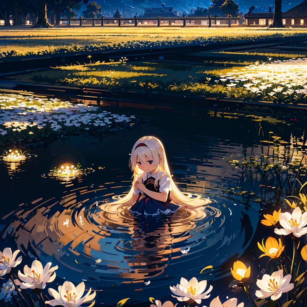 (Masterpiece, 8k wallpaper, highest quality), (best lighting, best shadows, very delicate and beautiful), Detailed anime style illustration of two girls with long blonde hair. One in blue, the other in red, dancing happily under an umbrella. 7 year old girl (young age: 1.9), beautiful night sky. The light of the stars and moon falls on the girls, and a large white circle surrounds them, symbolizing their unity in the beauty of nature. The white lilies blooming around it create a calm atmosphere. Two lovers, delicate shading gives depth to their expressions, two people, lily, facing each other, red eyes, blue eyes, blonde hair, mouth open, smiling, in front of a very beautifully designed building.

