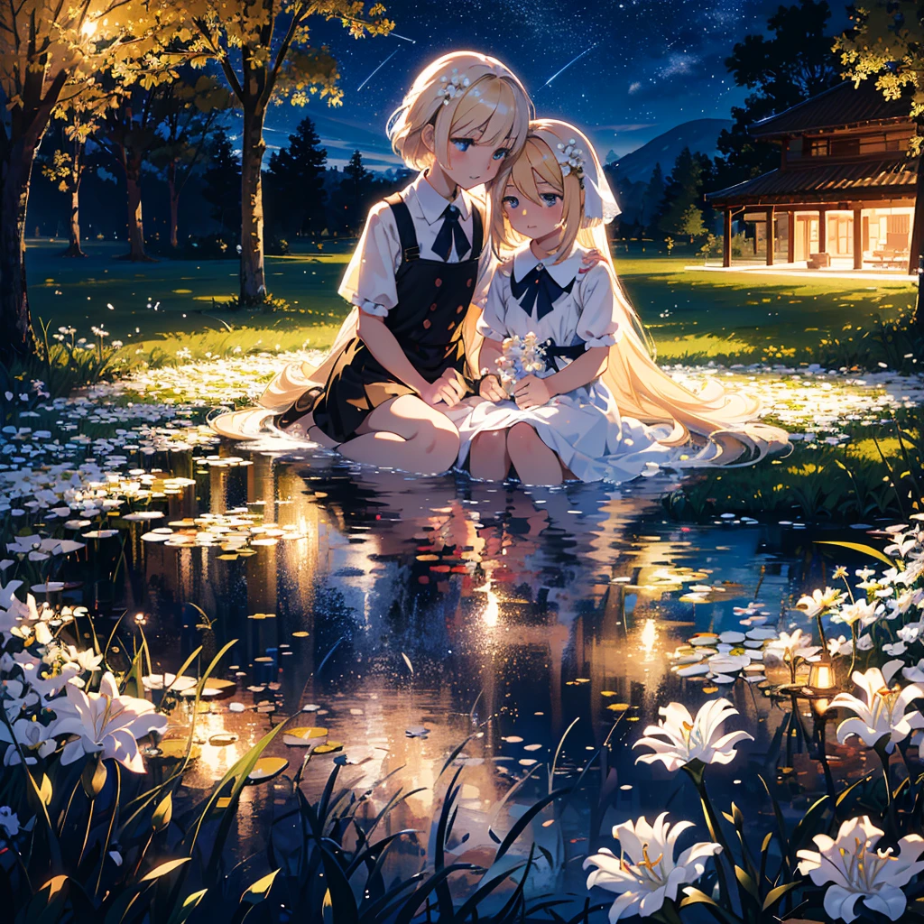 (Masterpiece, 8k wallpaper, highest quality), (best lighting, best shadows, very delicate and beautiful), Detailed anime style illustration of two girls with long blonde hair. One in blue, the other in red, dancing happily under an umbrella. 7 year old girl (young age: 1.9), beautiful night sky. The light of the stars and moon falls on the girls, and a large white circle surrounds them, symbolizing their unity in the beauty of nature. The white lilies blooming around it create a calm atmosphere. Two lovers, delicate shading gives depth to their expressions, two people, lily, facing each other, red eyes, blue eyes, blonde hair, mouth open, smiling, in front of a very beautifully designed building.