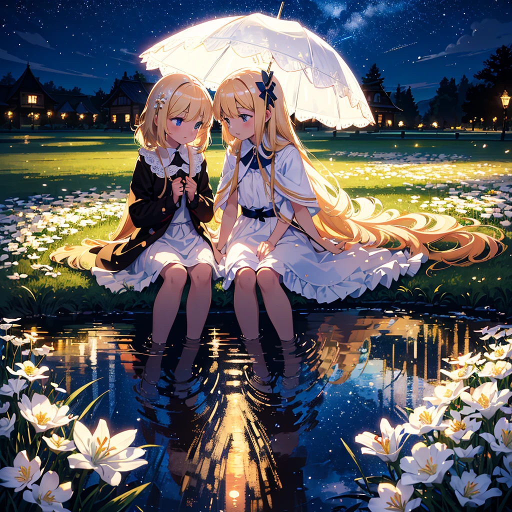 (Masterpiece, 8k wallpaper, highest quality), (best lighting, best shadows, very delicate and beautiful), Detailed anime style illustration of two girls with long blonde hair. One in blue, the other in red, dancing happily under an umbrella. 7 year old girl (young age: 1.9), beautiful night sky. The light of the stars and moon falls on the girls, and a large white circle surrounds them, symbolizing their unity in the beauty of nature. The white lilies blooming around it create a calm atmosphere. Two lovers, delicate shading gives depth to their expressions, two people, lily, facing each other, red eyes, blue eyes, blonde hair, mouth open, smiling, in front of a very beautifully designed building.