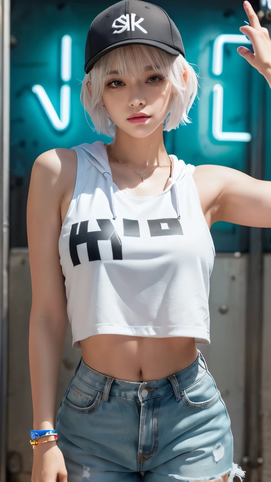 masterpiece, Highest quality, Very detailed, 8k, Realistic, One Girl, alone, Tomboy, Very detailed face, (head shot:1.5), Standing in front of a wall covered in hip hop graffiti, Cyberpunk neon cityscape,Pixie cut white hair, She is wearing a short neon tank top and an open hoodie....,I can see your chest,Nice ass,Wear a New Era cap