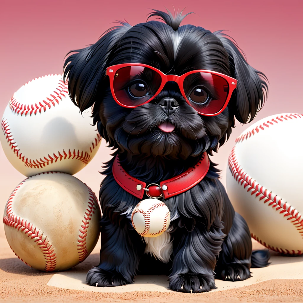 2 Adorable small black Shih Tzu puppies red sunglasses baseball 3d cartoon 3d render disney pixar style