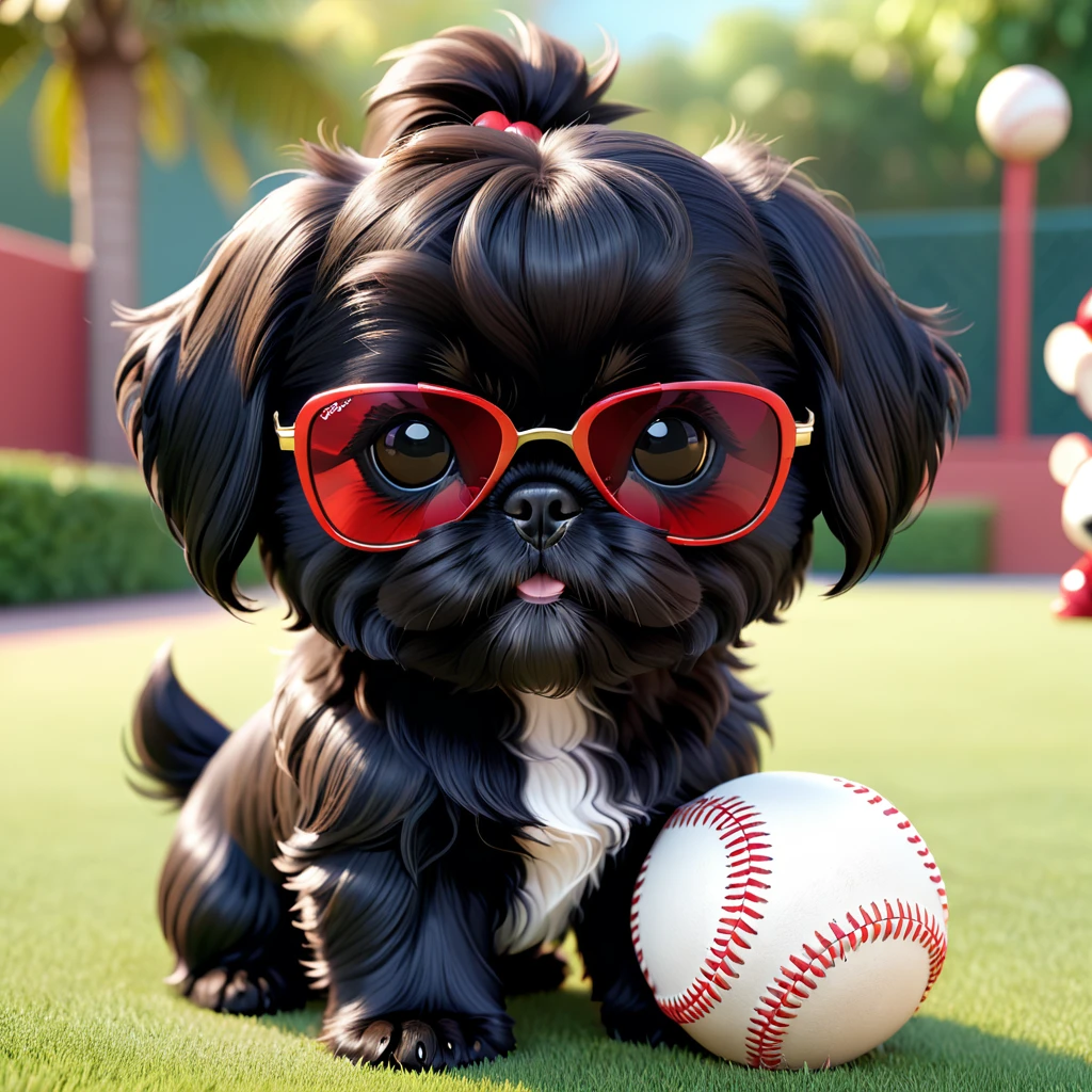 2 Adorable small black Shih Tzu puppies red sunglasses baseball 3d cartoon 3d render disney pixar style
