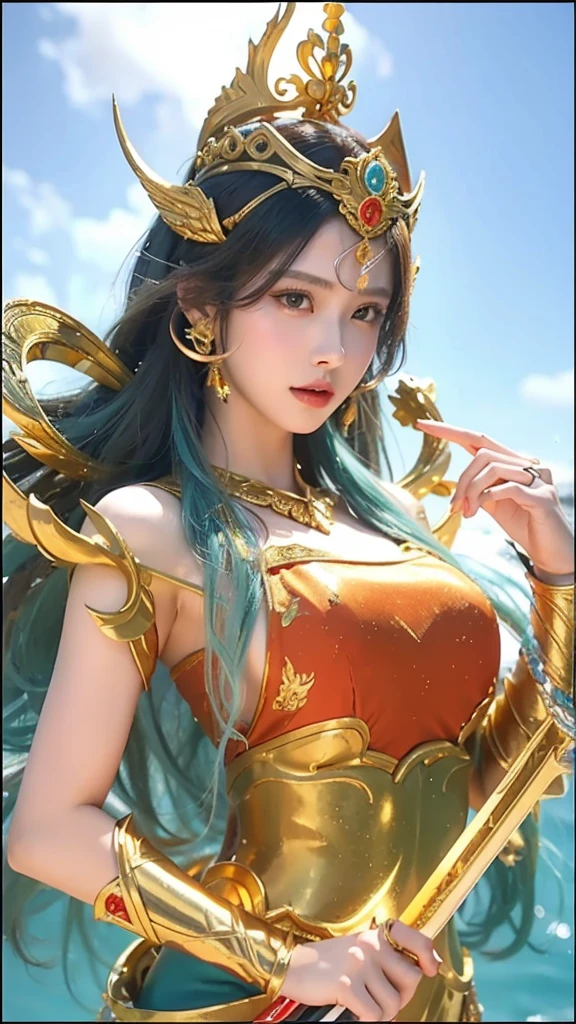 a woman in a golden dress holding a sword and wearing a crown, queen of the sea, yun ling, a beautiful fantasy empress, portrait of modern darna, kadita from mobile legends, goddess of beauty, ig model