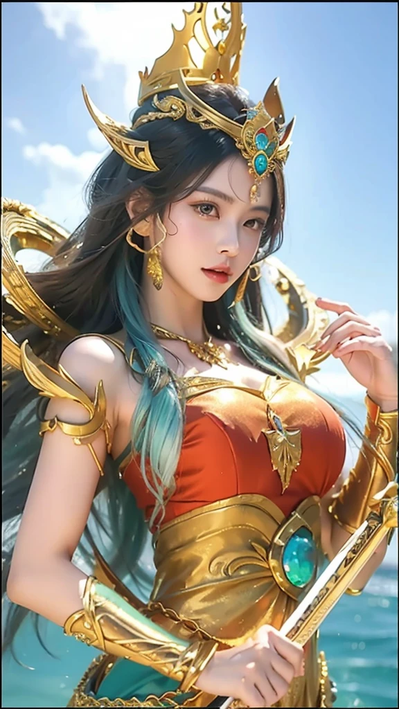 a woman in a golden dress holding a sword and wearing a crown, queen of the sea, yun ling, a beautiful fantasy empress, portrait of modern darna, kadita from mobile legends, goddess of beauty, ig model