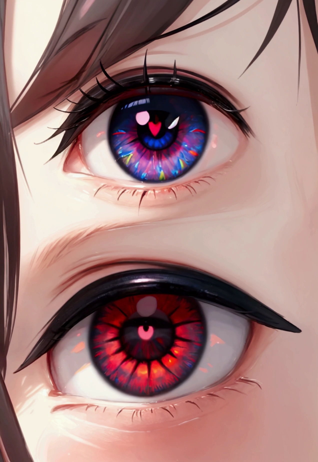 close-up of an eye , Colorful pupils, White heart in pupil