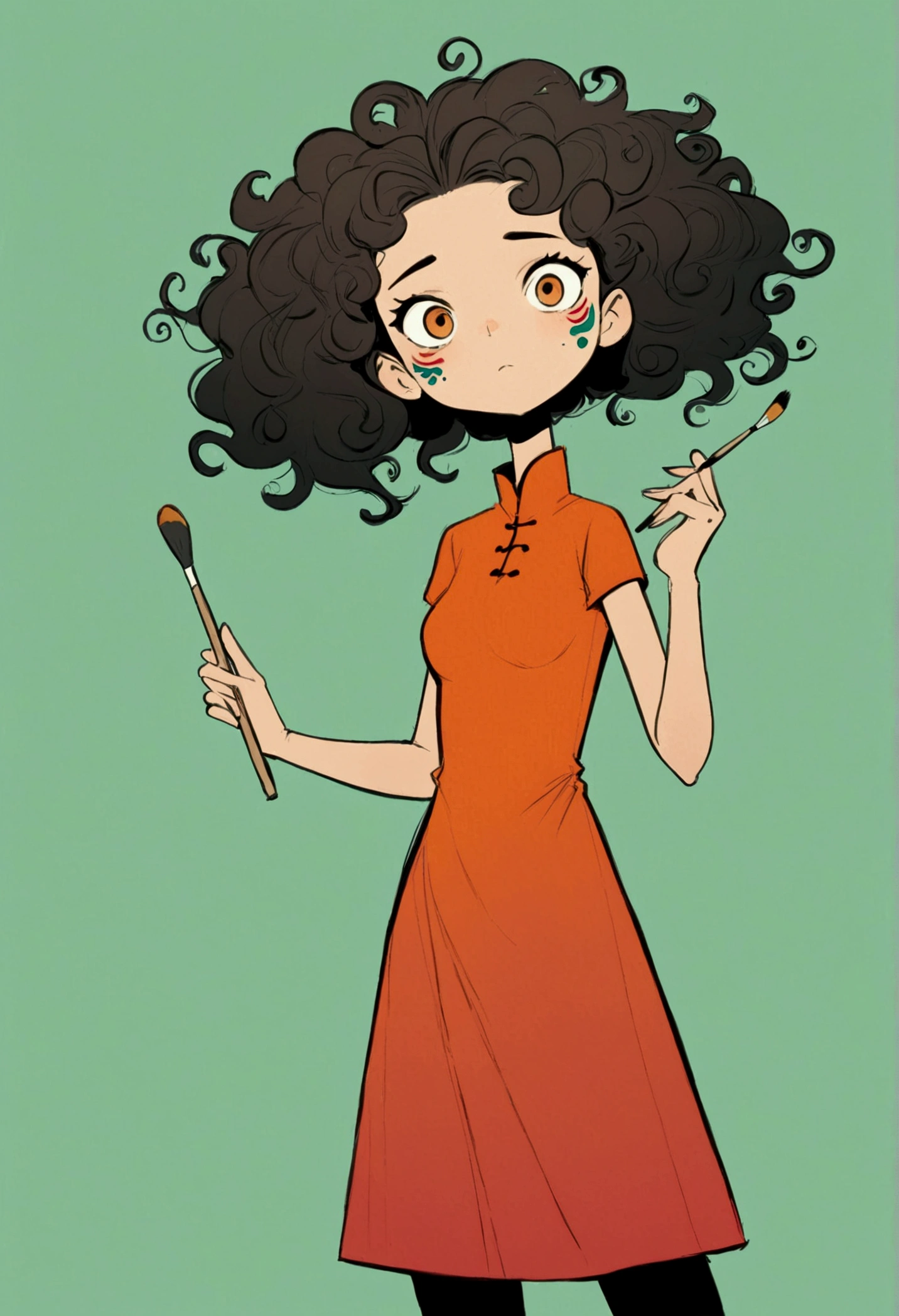 (((Exaggerated digital character sketches:1.37))).(1 Girl,Face paint,cheongsam,Solitary,Fluffy curly hair,(Exaggerated expression,),(Black sketch lines,Loose brushstrokes create the outline,Cartoon Style. Bright colors and simplified lines, sketch)。(Exaggerated body movements,holding a paintbrush in his hand),(Large area of blank)