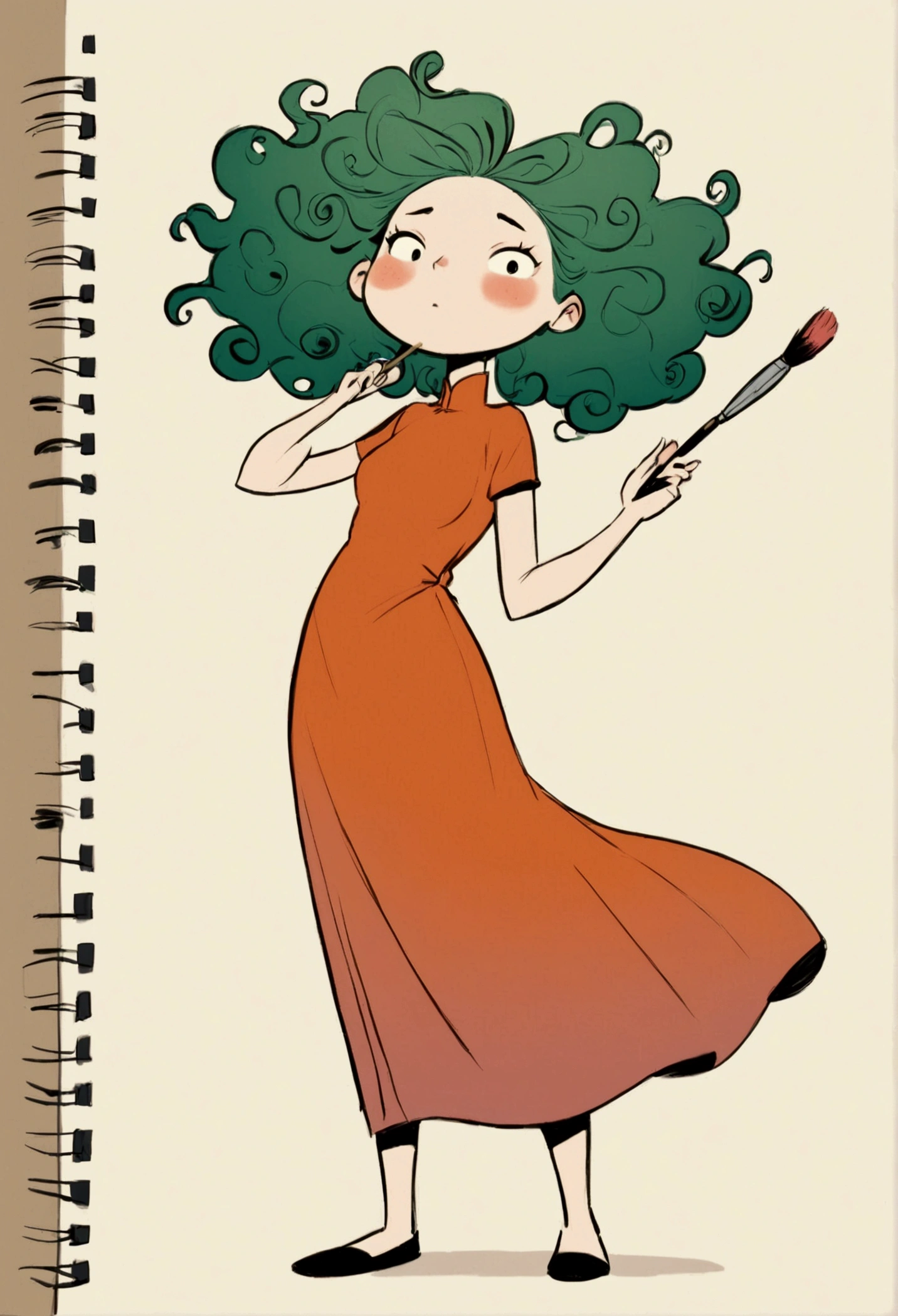 (((Exaggerated digital character sketches:1.37))).(1 Girl,Face paint,cheongsam,Solitary,Fluffy curly hair,(Exaggerated expression,),(Black sketch lines,Loose brushstrokes create the outline,Cartoon Style. Bright colors and simplified lines, sketch)。(Exaggerated body movements,holding a paintbrush in his hand),(Large area of blank)